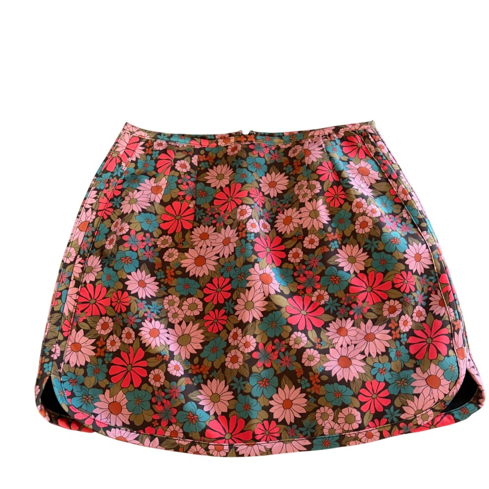 Natural Life Floral Mini Skirt Retro Pink Teal Daisy Print Size M Brown A-Line
